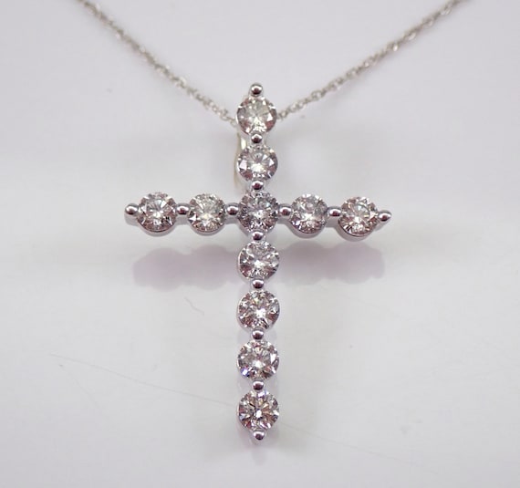 White Gold Diamond Cross Necklace - Religious Charm Pendant and Chain - GalaxyGems Fine Jewelry Gift