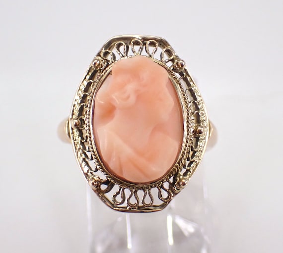 Antique Coral Cameo Ring - Vintage Yellow Gold Filigree Setting - Unique Dainty Pinky Jewelry Gift