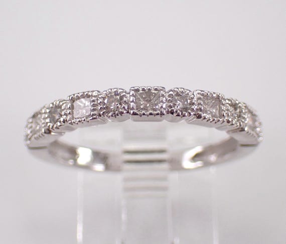 14K White Gold Diamond Wedding Ring - Princess Cut and Round Anniversary Band - GalaxyGems Bridal Jewelry Gift