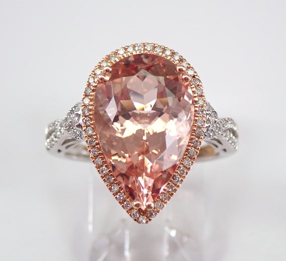 Large Morganite and Diamond Ring - 14K Rose and White Gold Teardrop Halo Setting - Vintage Style Two Tone Bridal Fine Jewelry