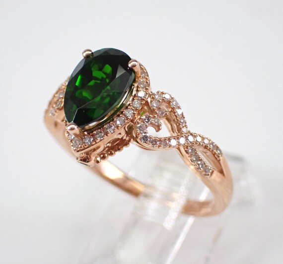 Chrome Diopside and Diamond Engagement Ring - Rose Gold Wedding Anniversary Band Setting - Forest Green Color Gemstone Jewelry