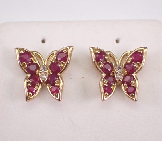 Yellow Gold Ruby Butterfly Stud Earrings: July Birthstone Fine Jewelry Gift