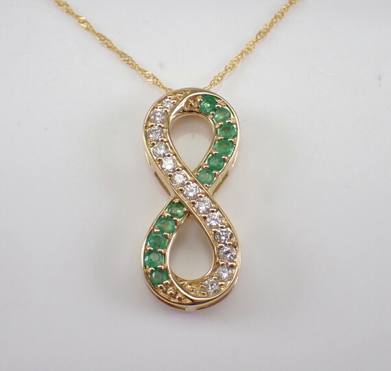 Emerald and Diamond Infinity Sign Pendant, Solid 14K Yellow Gold Necklace and Chain, Unique May Birthstone Jewelry Gift