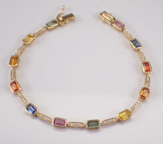 14K Yellow Gold Multi Color Sapphire Bracelet: Stackable Diamond Tennis Setting - Pink Blue Orange Green Gemstone