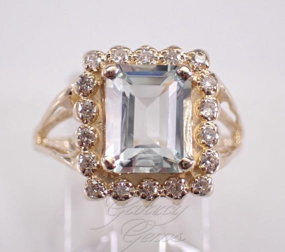 14K Yellow Gold Aquamarine and Diamond Ring: Halo Engagement Gemstone Setting
