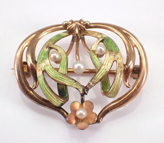 Antique Enamel and Seed Pearl Brooch - Multi Color Victorian Flower Pin - Dainty Yellow Gold Fine Jewelry Gift