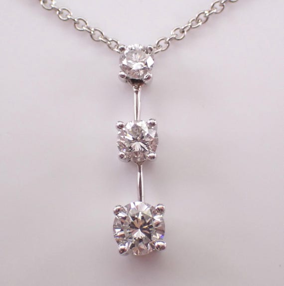 14K White Gold Diamond Pendant and Chain: Three Stone Dangle Charm Necklace