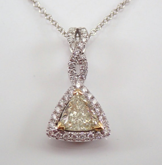 Yellow Diamond Halo Pendant and Chain - 18K White Gold Fancy Trillion Shape Necklace - Colored Diamond Fine Jewelry Gift