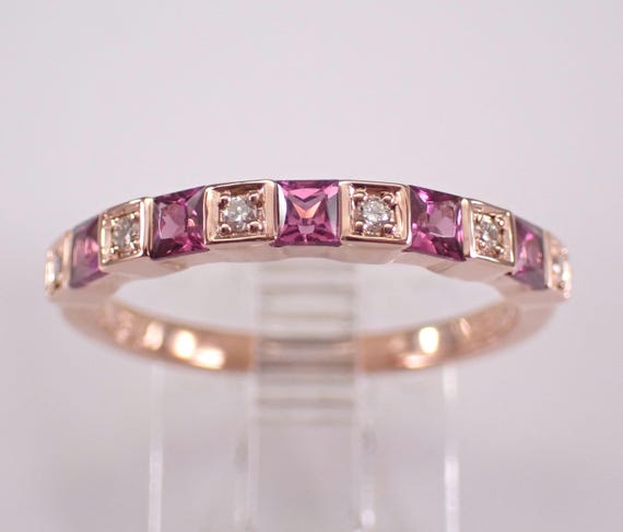 Rhodolite Garnet and Diamond Wedding Anniversary Ring - Rose Gold Dainty Stackable Band