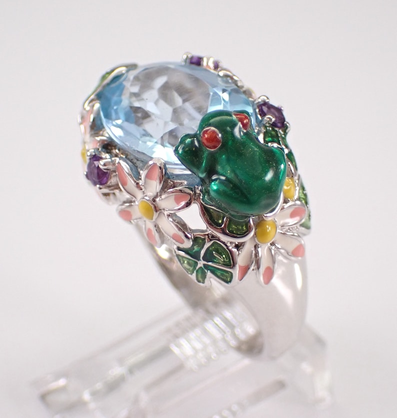 Colored Frog Rings Sterling Silver Enamel Frog Ring - Unique Blue Topaz Gemstone Band ...