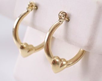 Vintage 14K Yellow Gold Hoop Earrings - Estate Petite Little Heart Hoops - Anniversary Graduation Birthday Jewelry Gift