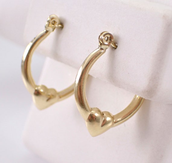 Vintage 14K Yellow Gold Hoop Earrings - Estate Petite Little Heart Hoops - Anniversary Graduation Birthday Jewelry Gift