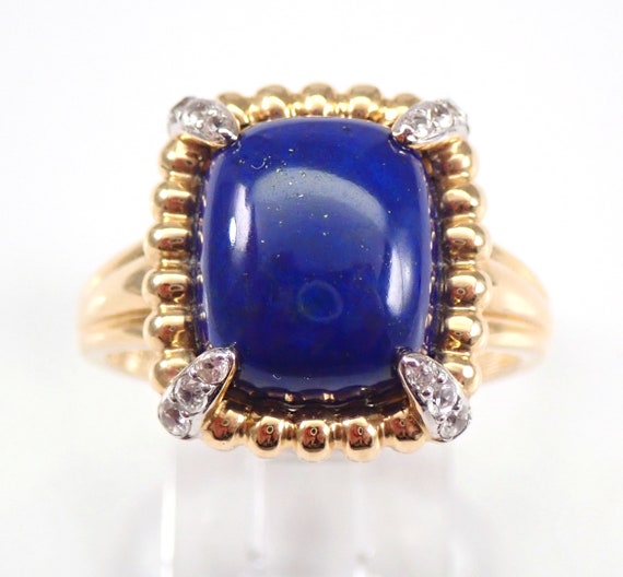 14K Yellow Gold Lapis Lazuli Ring, White Zircon and Cushion Cut Lapis Engagement Ring, Blue Gemstone Fine Jewelry