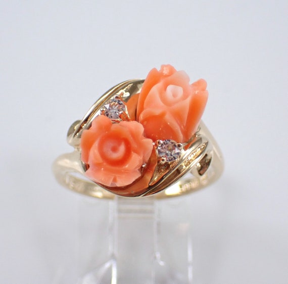 Antique Carved Coral Rose Ring - Solid Yellow Gold White Sapphire Accent Setting - Unique Vintage Fine Jewelry