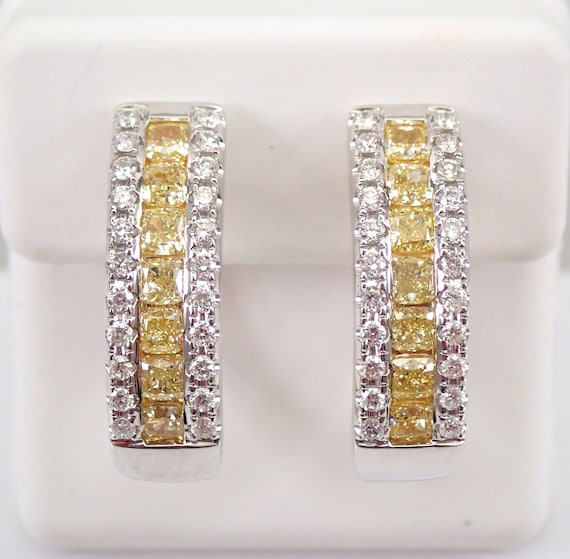 14K White Gold 2.49 ct Canary Cushion Cut Diamond Hoop Earrings Hoops Fancy Yellow