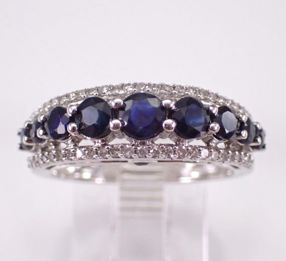 White Gold Sapphire Wedding Ring, Diamond and Gemstone Anniversary Band, September Birthstone Fine Jewelry for Her