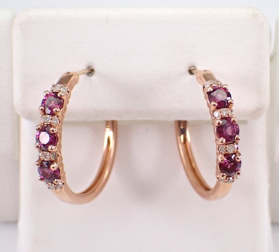 Rhodolite Garnet and Diamond Earrings - Rose Gold Gemstone Hoops - January Birthstone Jewelry Gift