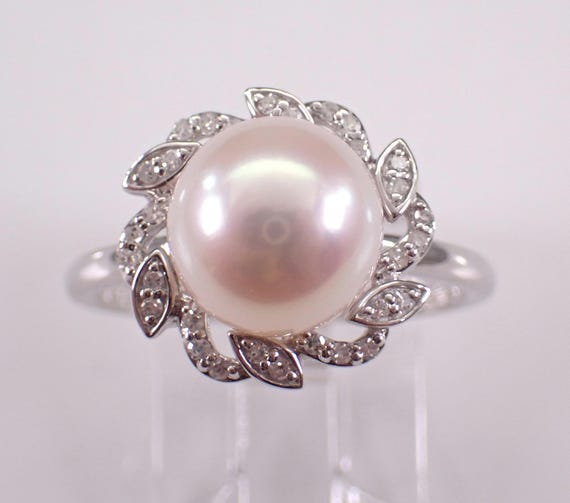 White Gold Pearl and Diamond Ring: Halo Bridal Engagement Setting