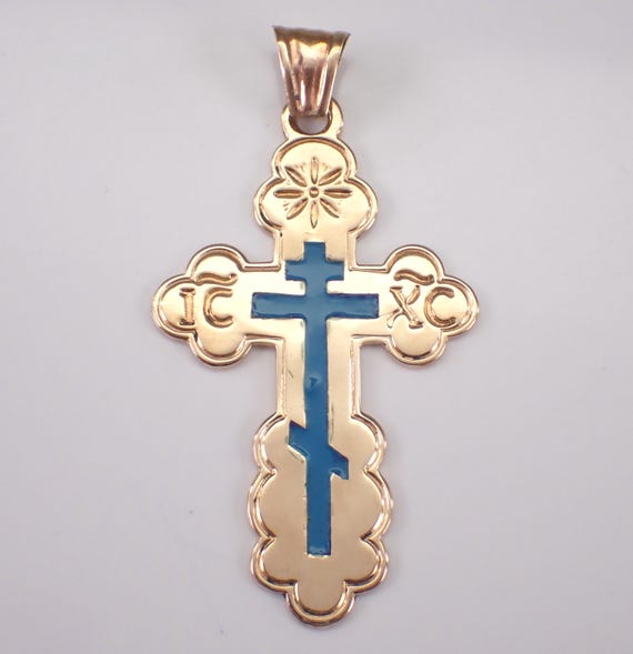 14K Yellow Gold St. Olga Cross Pendant - Large Vintage Enamel Orthodox Crucifix Charm