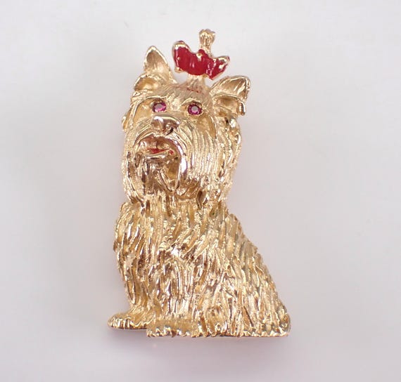 Vintage 14K Yellow Gold Dog Brooch, Yorkie Terrier Puppy Pin, Adorable Ruby Gemstone Fine Jewelry Gift