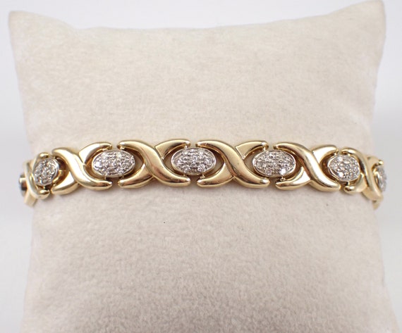 80s Vintage Diamond Bracelet, Estate 14K Two Tone Gold Diamond Statement Bracelet, Antique Hugs Kisses Design