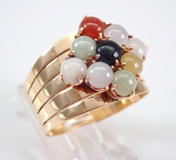 Vintage 14K Yellow Gold Onyx and Jade Ring, Multi… - image 2