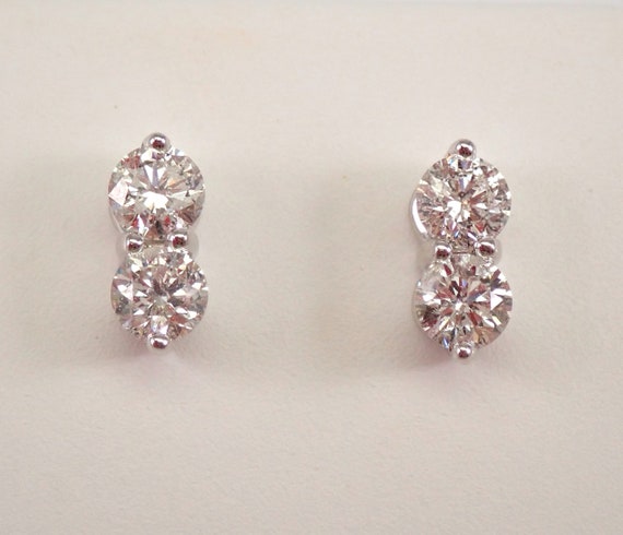14K White Gold 1.08 ct Diamond Stud Earrings Round Brilliant Studs Two-Stone