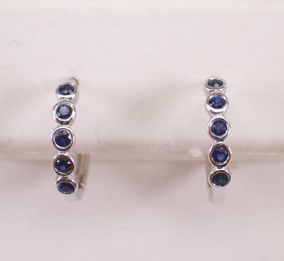 White Gold Sapphire Hoop Earrings - Dainty Gemstone Huggies - Unique Birthstone Fine Jewelry Gift