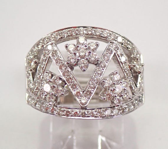 18K White Gold Diamond Anniversary Band - Wide Cluster Cocktail Wedding Ring
