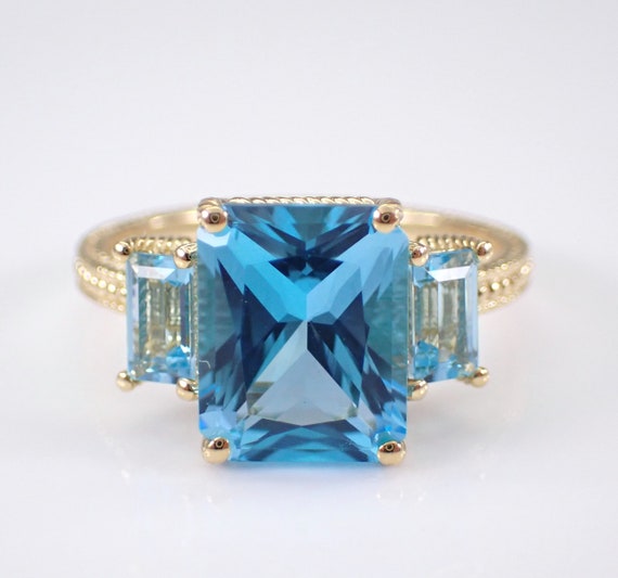 14K Yellow Gold Blue Topaz Engagement Ring - Three Stone Gemstone Setting - GalaxyGems Bridal Jewelry Gift