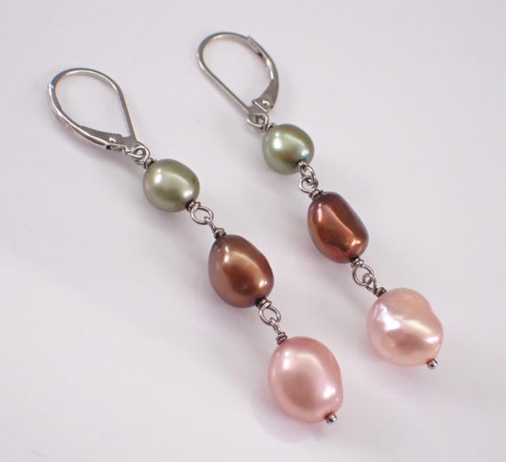 Sterling Silver Vintage Dangle Pearl Earrings - Unique Multi Color Leverback Drops