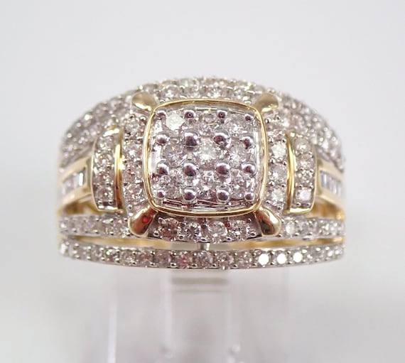 Diamond Cluster Engagement Ring - Solid Yellow Gold Chunky Halo Setting - Two Tone Gold Right Hand Band