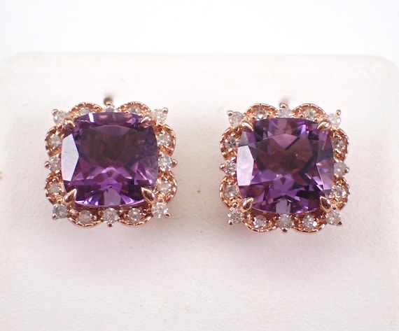 Rose Gold Amethyst Stud Earrings, Dainty Diamond Halo Setting - Square Shape Purple Gemstone Jewelry Gift