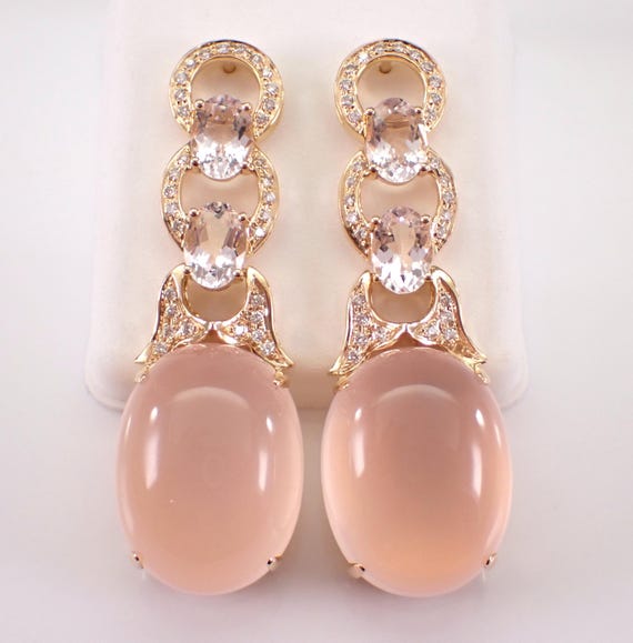 Large 18K Yellow Gold Diaond Dangle Earrings - Morganite and Rose Quartz Gemstone - Unique Artisan Fine Jewelry Gift