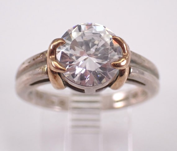 Vintage Sterling Silver Cubic Zirconia Engagement Ring, Two Tone Yellow Gold Solitaire Band, Simple Bridal Promise Jewelry Gift