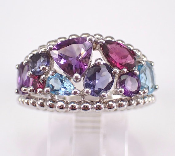 Estate Amethyst and Blue Topaz Ring - Sterling Silver Multi Color Gemstone Band