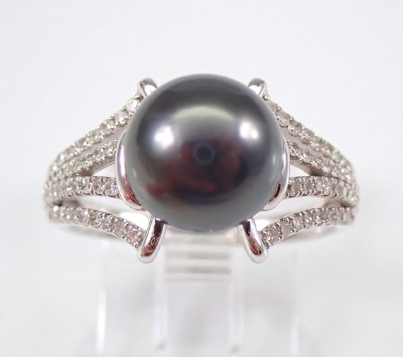 Black Tahitian Pearl Engagement Ring, Diamond and June Birthstone Ring, Genuine 14K White Gold Jewelry