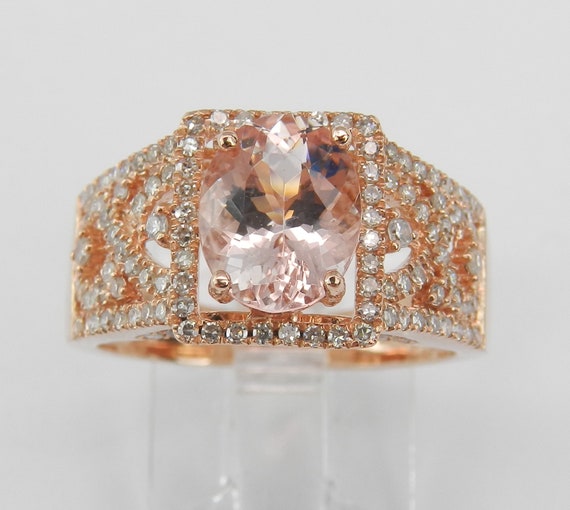 Morganite Engagement Ring - Diamond Halo Setting - 14k Rose Gold Large Bridal Fine Jewelry