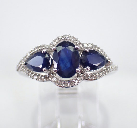 Sapphire Three Stone Engagement Ring, White Gold Diamond Halo Anniversary Band, September Birthstone Jewelry Gift