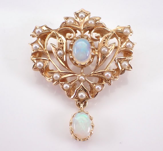 Vintage 14K Yellow Gold Opal and Pearl Brooch - 70s Estate Gemstone Dangle Pin - Unique Fine Jewelry Birthday Gift