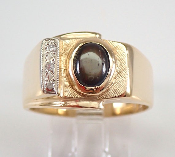 Black Star Sapphire Ring - Estate 14K Solid Yellow Gold Diamond Band - 60s Vintage Fine Jewelry Gift