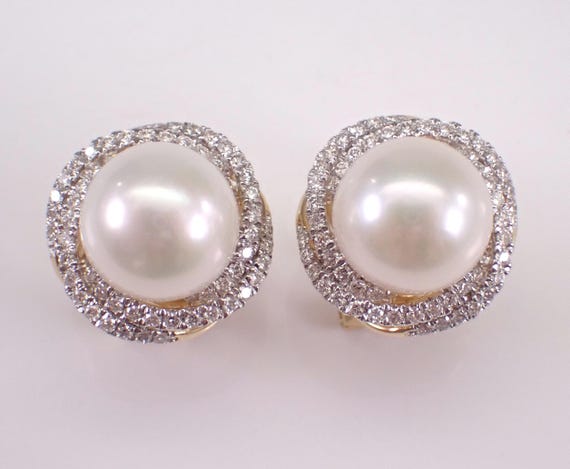 14K Yellow Gold Pearl and Diamond Earrings: Gemstone Bridal Fine Jewelry