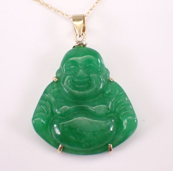 14K Yellow Gold Jade Buddha Pendant and Chain -  Unique Asian Carved Gemstone Charm Necklace - Birthday Jewelry Gift
