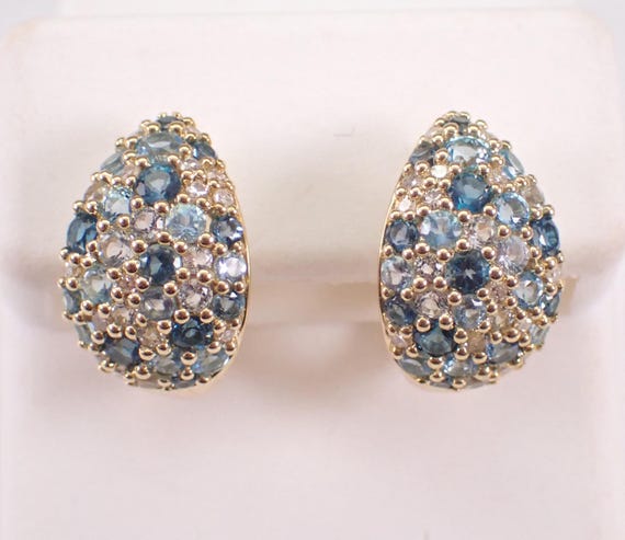 Yellow Gold Blue Topaz Hoop Earrings - Gemstone and Diamond Huggies - GalaxyGems Bridal Fine Jewelry Gift