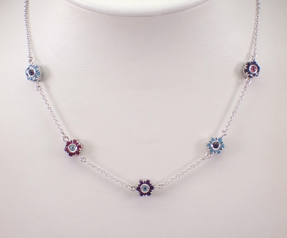 18K White Gold Gemstone Station Necklace: Double Sided Flower Choker Chain