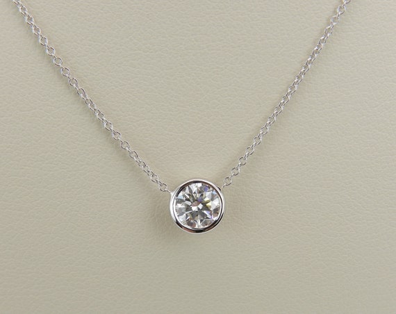 Moissanite Diamond Necklace Solid 14K White Gold 18" Chain Round Brilliant Bezel Set Wedding Gift for Wife
