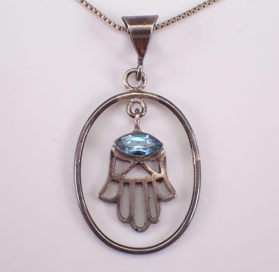 Vintage Blue Topaz Hamsa Necklace, Sterling Silver Hand of God Pendant Chain, Estate Gemstone Charm