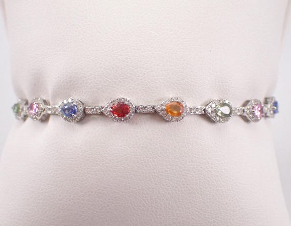 14K White Gold Multi Color Sapphire Bracelet: Diamond Halo Tennis Setting - Pink Blue Orange Green Gemstone