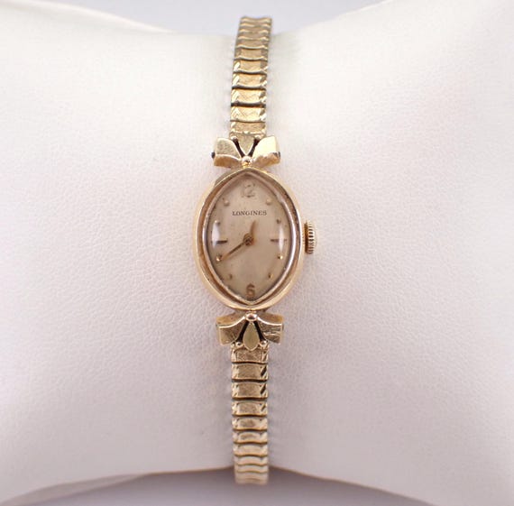 Antique 14K Yellow Gold Longines Watch - Dainty Little Art Deco Jewelry Gift - Stainless Stretchable Bracelet Strap