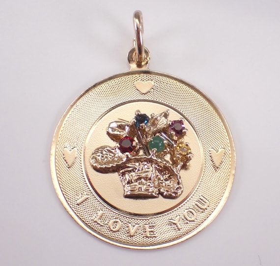 Vintage 14K Yellow Gold I LOVE YOU Charm, Estate Gemstone Round Disk Pendant